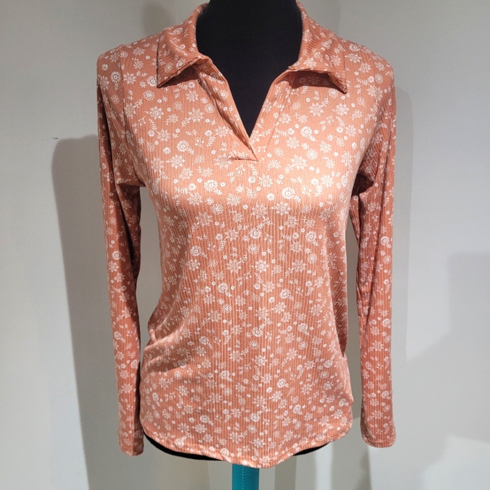 LuLaRoe Women's Courtney Floral Long Sleeve Polo XS Pink White Cottagecore NEW